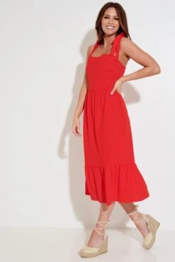 Pour Moi Laura Pique Tie Strap Tiered Midi Dress - Red -Cheap Clozi Vibe Store 282164 20230224134700