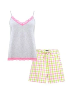 Pour Moi Lace Trim Jersey Cami And Cotton Gingham Short Pyjama - Pink/Lime -Cheap Clozi Vibe Store 282250 20220412141700