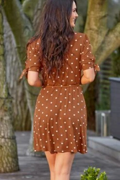 Pour Moi Bella Slinky Stretch Tie Sleeve Tea Dress - Coffee Spot -Cheap Clozi Vibe Store 282439 20230224121400