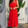 Pour Moi Laura Pique Tie Strap Tiered Midi Dress - Red