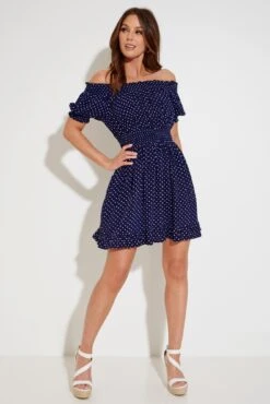 Pour Moi Eloise Puff Sleeve Woven Bardot Dress - Navy Spots