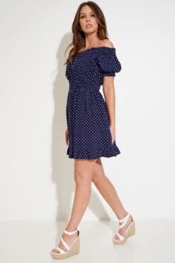 Pour Moi Eloise Puff Sleeve Woven Bardot Dress - Navy Spots -Cheap Clozi Vibe Store 285049 20220428112000