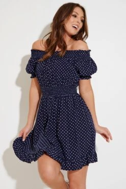 Pour Moi Eloise Puff Sleeve Woven Bardot Dress - Navy Spots -Cheap Clozi Vibe Store 285050 20220428112000