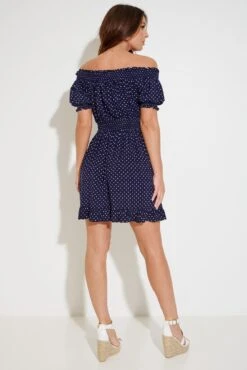Pour Moi Eloise Puff Sleeve Woven Bardot Dress - Navy Spots -Cheap Clozi Vibe Store 285051 20220428112000