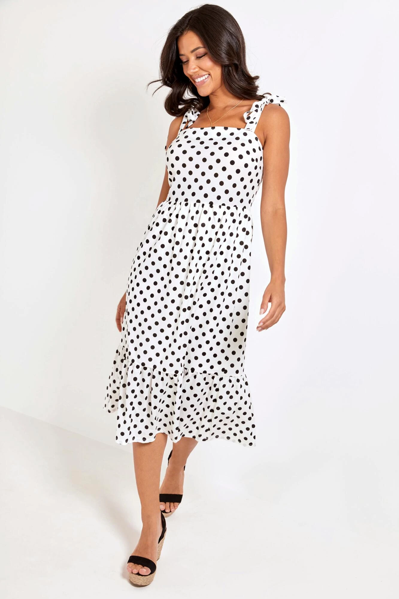 Pour Moi Laura Pique Tie Strap Tiered Midi Dress - White/Black 4 Pour Moi Laura Pique Tie Strap Tiered Midi Dress - White/Black - Image 4