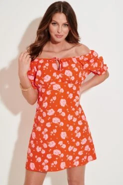 Pour Moi Emma Puff Sleeve Multiway Woven Mini Dress - Orange/Pink Floral -Cheap Clozi Vibe Store 285435 20220517100500
