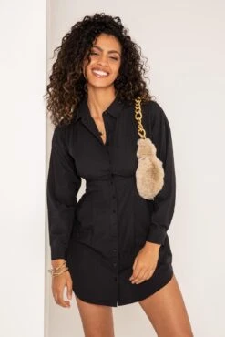 Pour Moi Cotton Poplin Cinched Waist Shirt Dress - Black