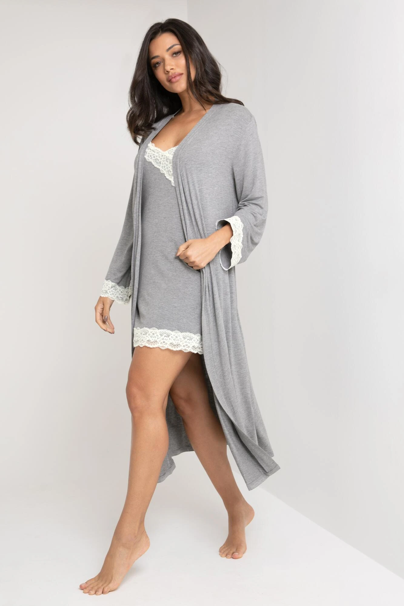 Pour Moi Sofa Loves Lace Longline Soft Jersey Gown - Dove Grey/Ivory 2 Pour Moi Sofa Loves Lace Longline Soft Jersey Gown - Dove Grey/Ivory - Image 2