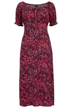 Pour Moi Emma Woven Viscose Puff Sleeve Midi Tea Dress - Red Floral -Cheap Clozi Vibe Store 288333 20230124122200