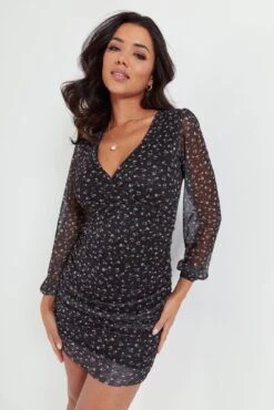 Pour Moi Ivy Mesh Bodycon Mini Dress - Black Ditsy