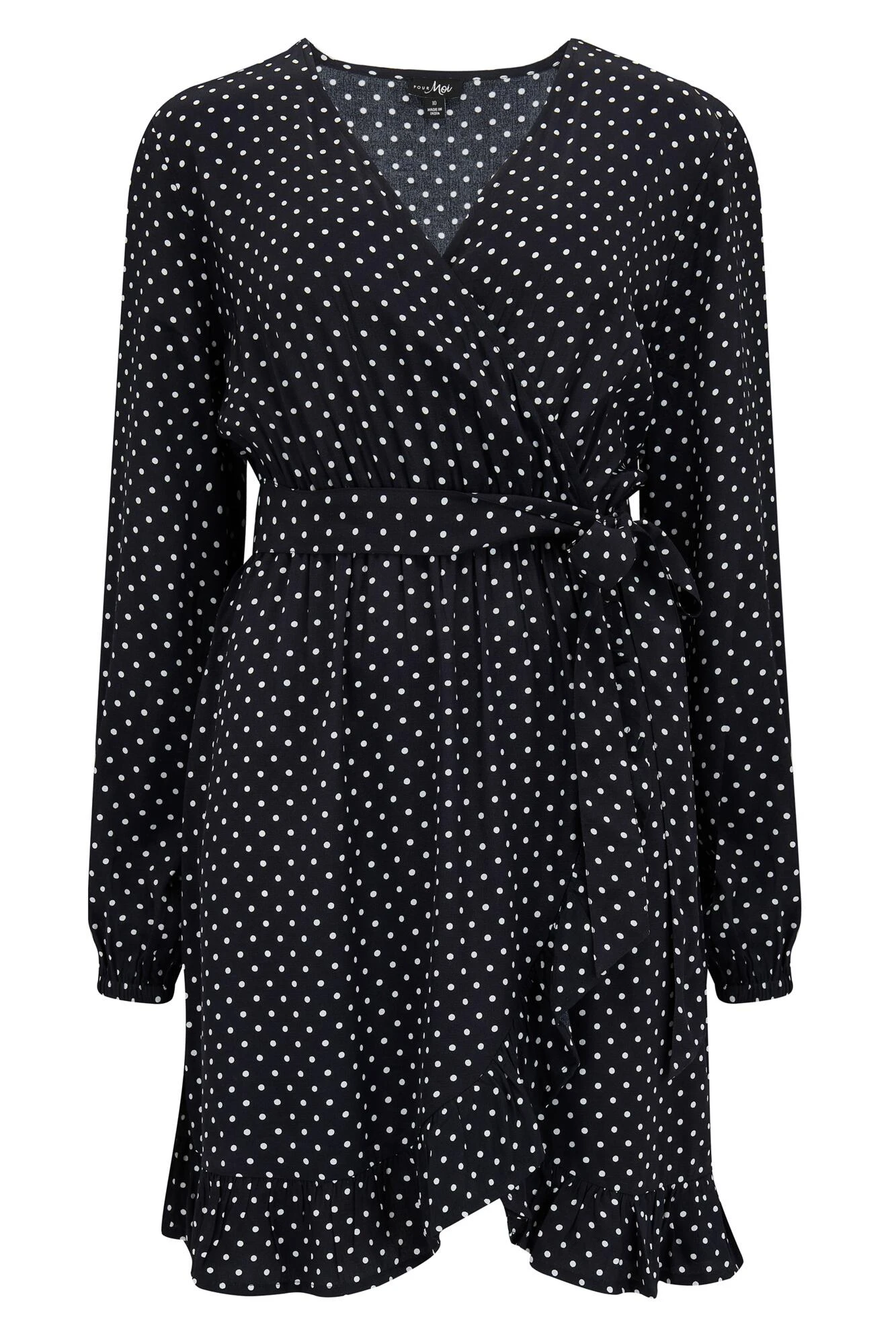 Pour Moi Kelly Woven Viscose Balloon Sleeve Frill Wrap Dress - Black Spot 4 Pour Moi Kelly Woven Viscose Balloon Sleeve Frill Wrap Dress - Black Spot - Image 4