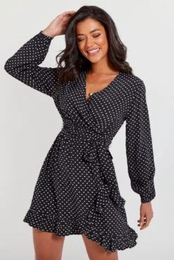 Pour Moi Kelly Woven Viscose Balloon Sleeve Frill Wrap Dress - Black Spot