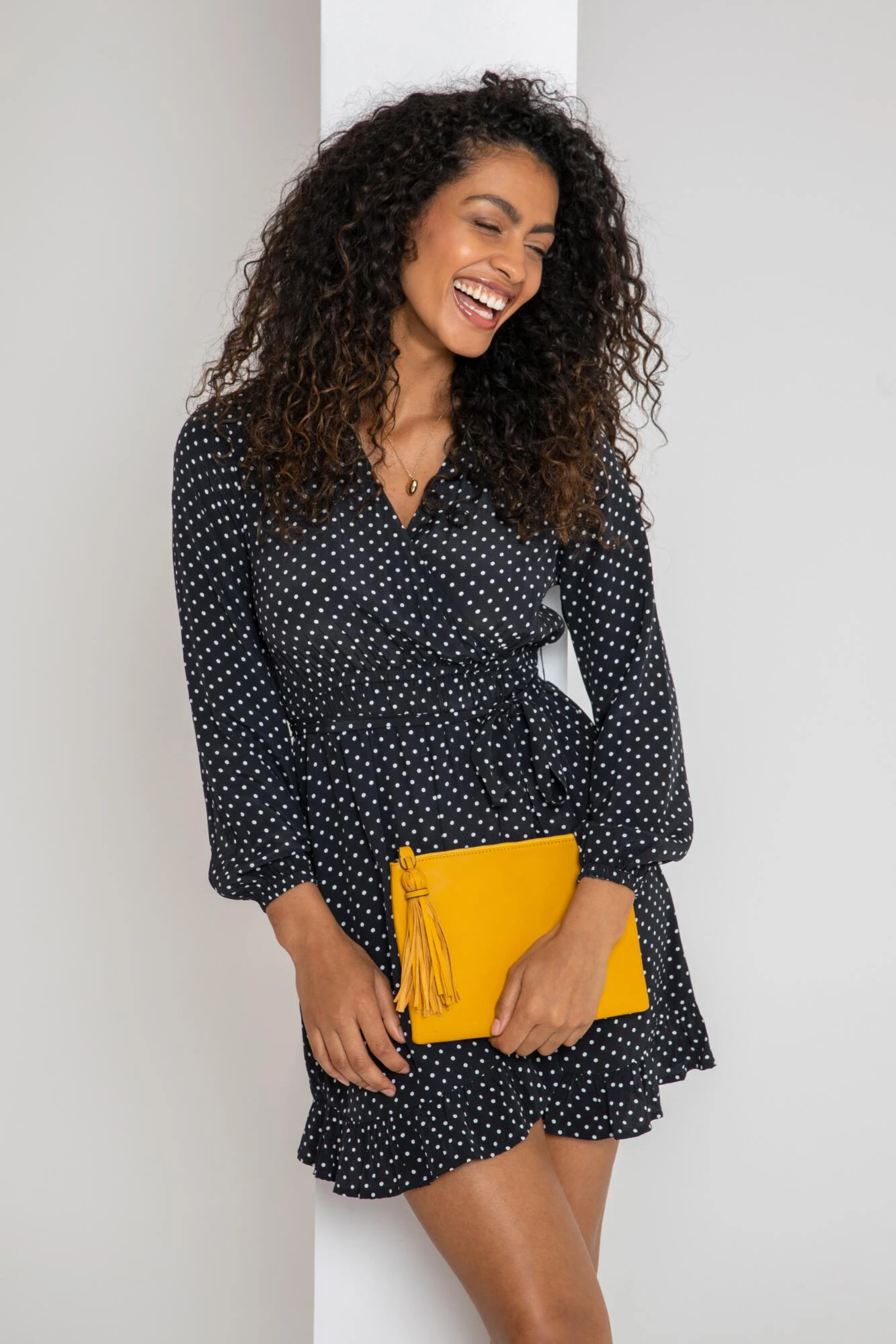 Pour Moi Kelly Woven Viscose Balloon Sleeve Frill Wrap Dress - Black Spot 2 Pour Moi Kelly Woven Viscose Balloon Sleeve Frill Wrap Dress - Black Spot - Image 2