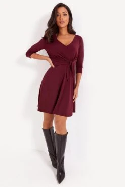 Pour Moi Blair Slinky Jersey Tie Waist Dress - Berry -Cheap Clozi Vibe Store 290036 20221010121300