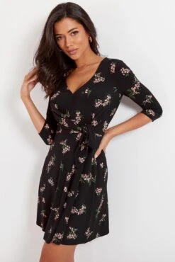 Pour Moi Blair Slinky Jersey Tie Waist Dress - Black Floral -Cheap Clozi Vibe Store 290053 20221004162900
