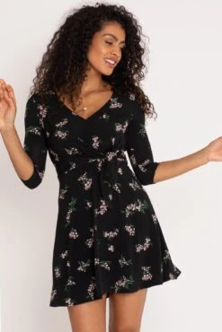 Pour Moi Blair Slinky Jersey Tie Waist Dress - Black Floral -Cheap Clozi Vibe Store 290054 20221004162900