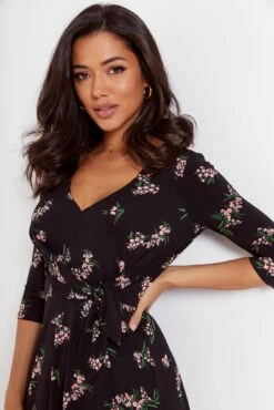 Pour Moi Blair Slinky Jersey Tie Waist Dress - Black Floral -Cheap Clozi Vibe Store 290055 20221004162900