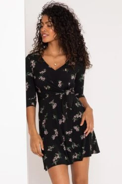Pour Moi Blair Slinky Jersey Tie Waist Dress - Black Floral -Cheap Clozi Vibe Store 290056 20221004162900