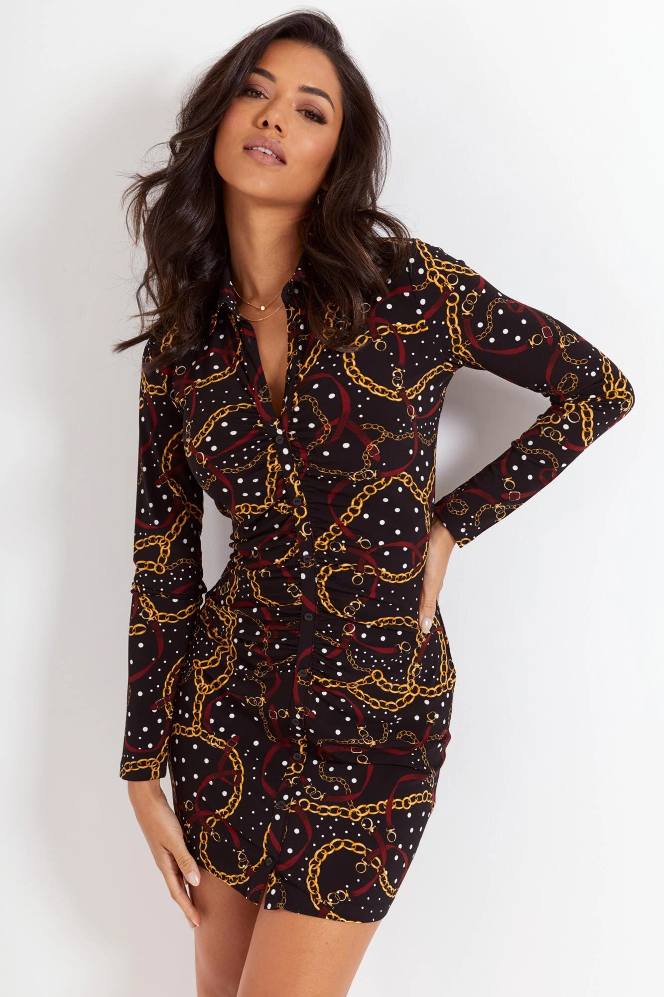 Pour Moi Brooke Jersey Ruched Front Shirt Dress - Black/Gold 1 Pour Moi Brooke Jersey Ruched Front Shirt Dress - Black/Gold