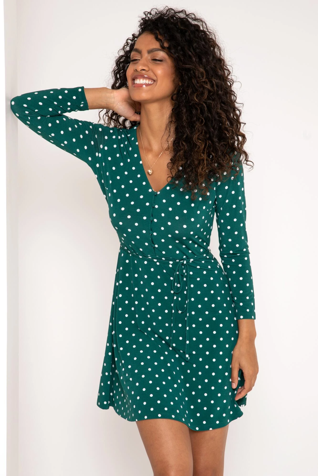 Pour Moi Bella Slinky Jersey Long Sleeve Tea Dress - Forest/White 5 Pour Moi Bella Slinky Jersey Long Sleeve Tea Dress - Forest/White - Image 5