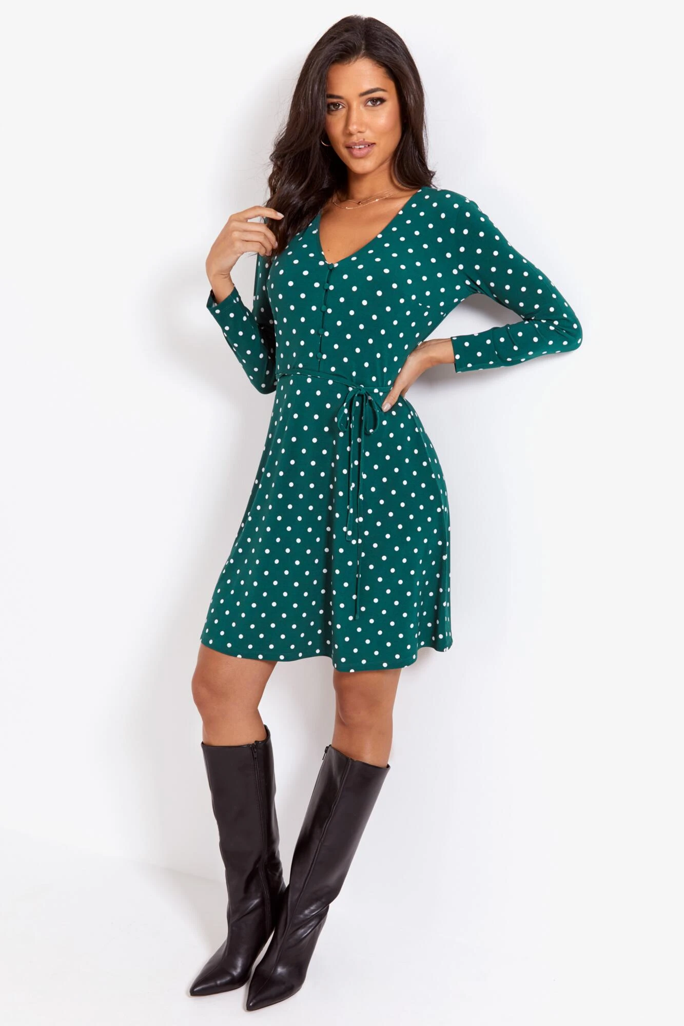 Pour Moi Bella Slinky Jersey Long Sleeve Tea Dress - Forest/White 6 Pour Moi Bella Slinky Jersey Long Sleeve Tea Dress - Forest/White - Image 6