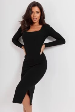 Pour Moi Sasha Rib Knit Square Neck Midi Dress With LENZING™ ECOVERO™ Viscose - Black -Cheap Clozi Vibe Store 291537 20221007174900