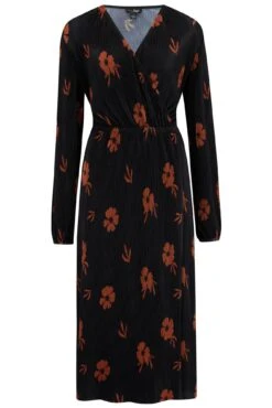 Pour Moi Jada Plisse Long Sleeve Wrap Midi Dress - Black/Chocolate -Cheap Clozi Vibe Store 291772 20230223122900