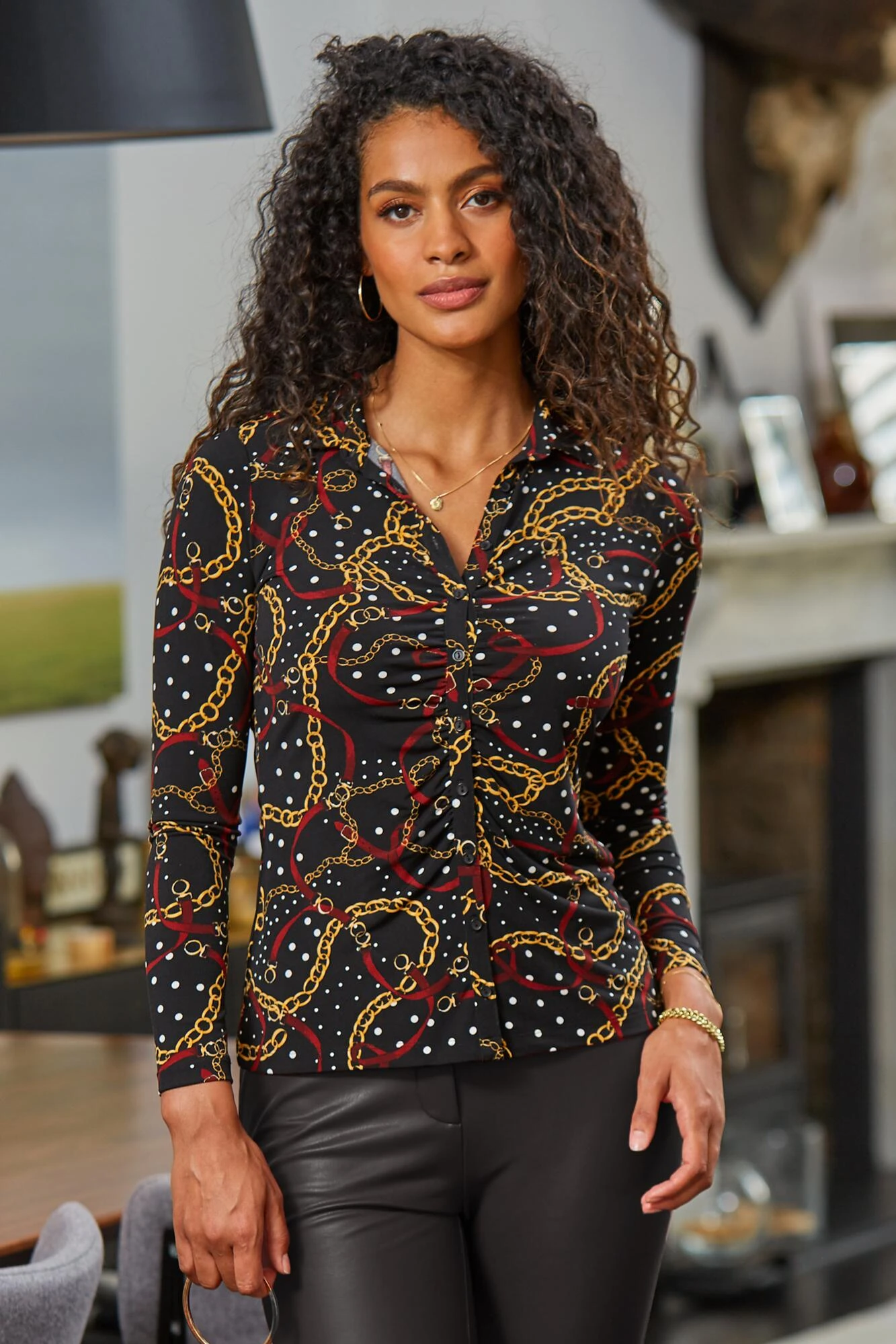 Pour Moi Brooke Jersey Ruched Front Shirt - Black Gold 4 Pour Moi Brooke Jersey Ruched Front Shirt - Black Gold - Image 4