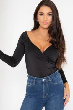Pour Moi Adele Off Shoulder Shine Jersey Long Sleeve Wrap Top - Black