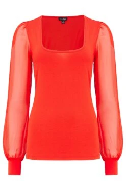 Pour Moi Rae Chiffon Sleeve Jersey Top - Red -Cheap Clozi Vibe Store 295198 20221011165900