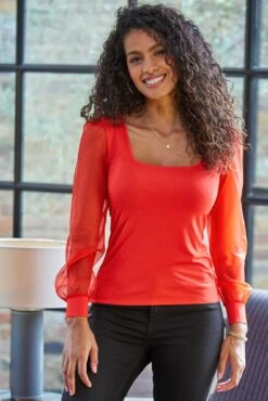 Pour Moi Rae Chiffon Sleeve Jersey Top - Red -Cheap Clozi Vibe Store 295201 20221011165900
