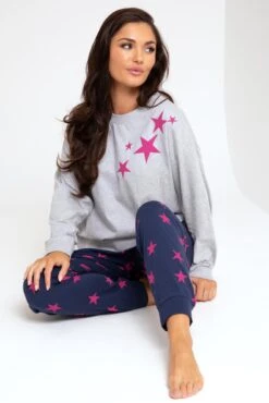 Pour Moi Star Print Jersey Jogger Pyjama Set - Navy/Pink