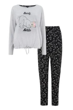Pour Moi Bearly Awake Cotton Pyjama Set - Grey/Black -Cheap Clozi Vibe Store 295395 20230328082700