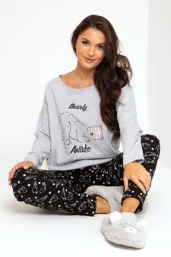 Pour Moi Bearly Awake Cotton Pyjama Set - Grey/Black