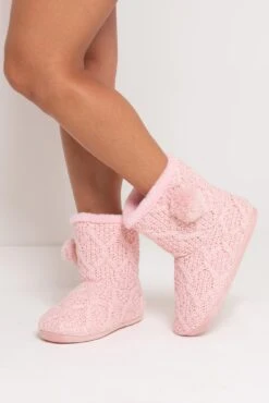Pour Moi Cable Knit Faux Fur Lined Bootie Slipper - Blush
