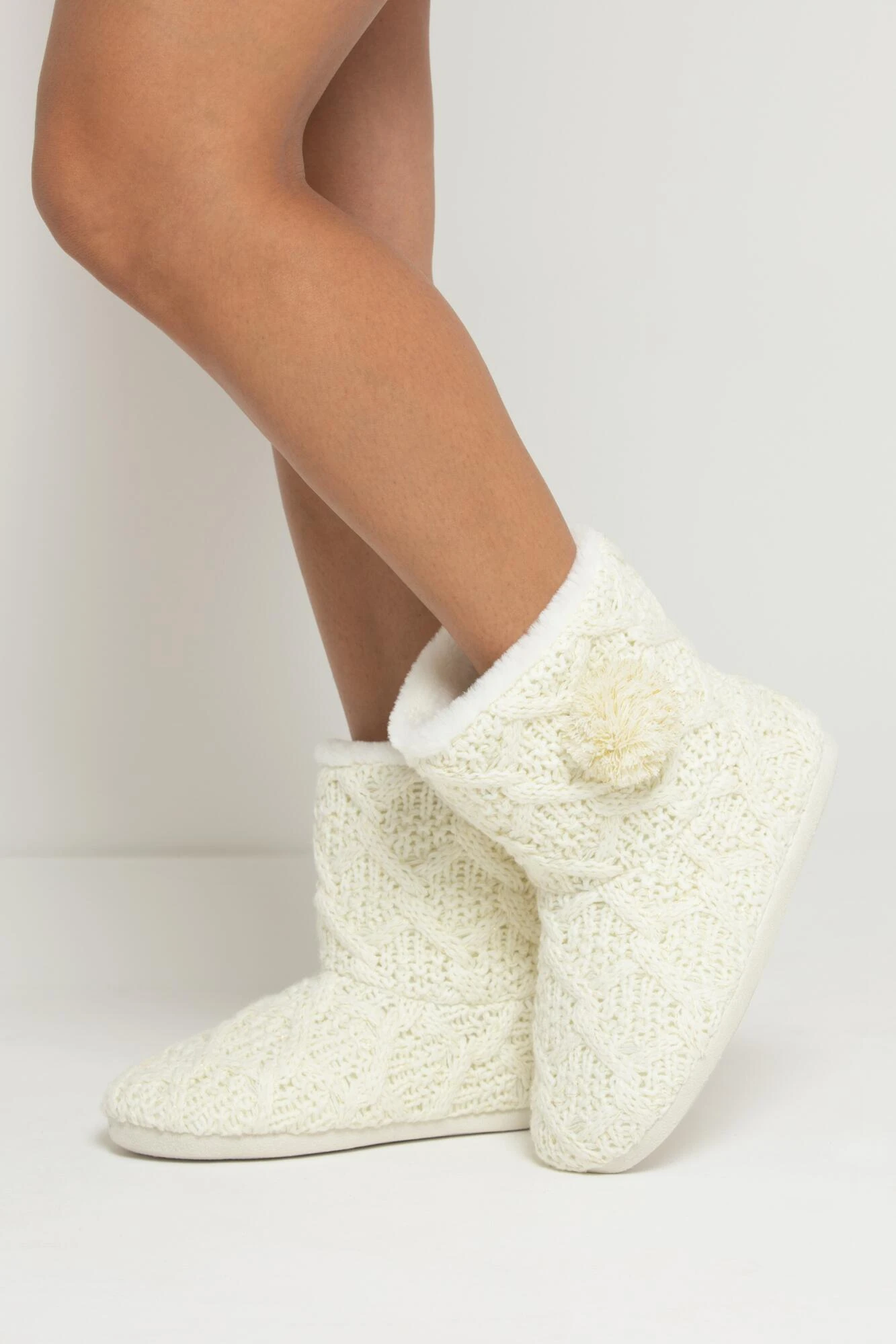 Pour Moi Cable Knit Faux Fur Lined Bootie Slipper - Cream 1 Pour Moi Cable Knit Faux Fur Lined Bootie Slipper - Cream