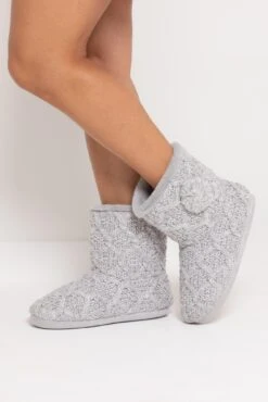 Pour Moi Cable Knit Faux Fur Lined Bootie Slipper - Grey