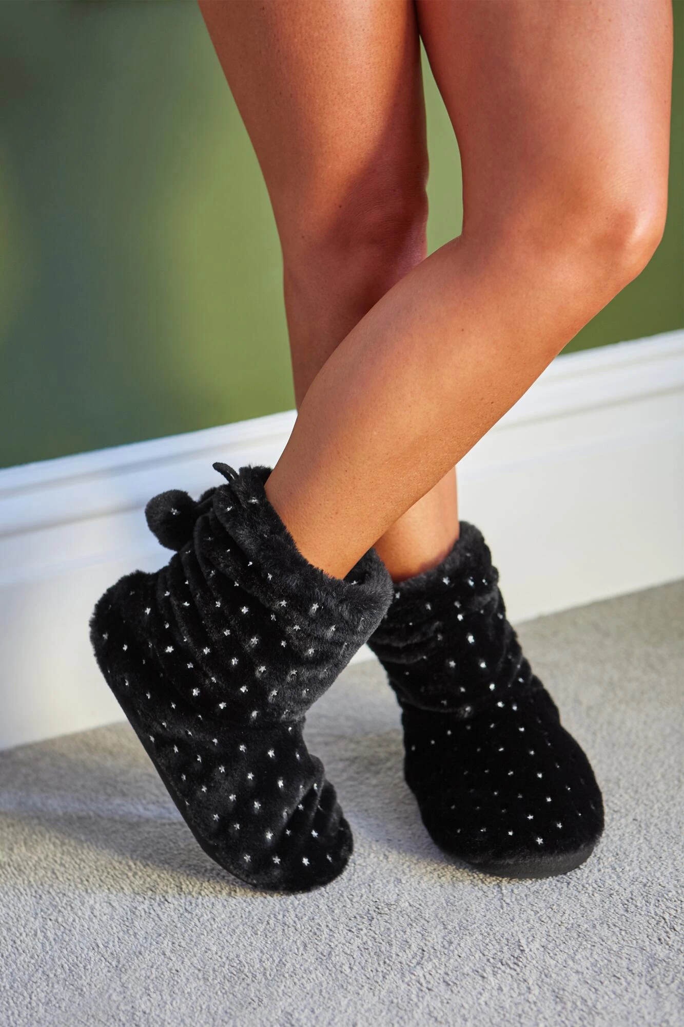 Pour Moi Metallic Star Print Fluffy Bootie Slipper - Black 1 Pour Moi Metallic Star Print Fluffy Bootie Slipper - Black