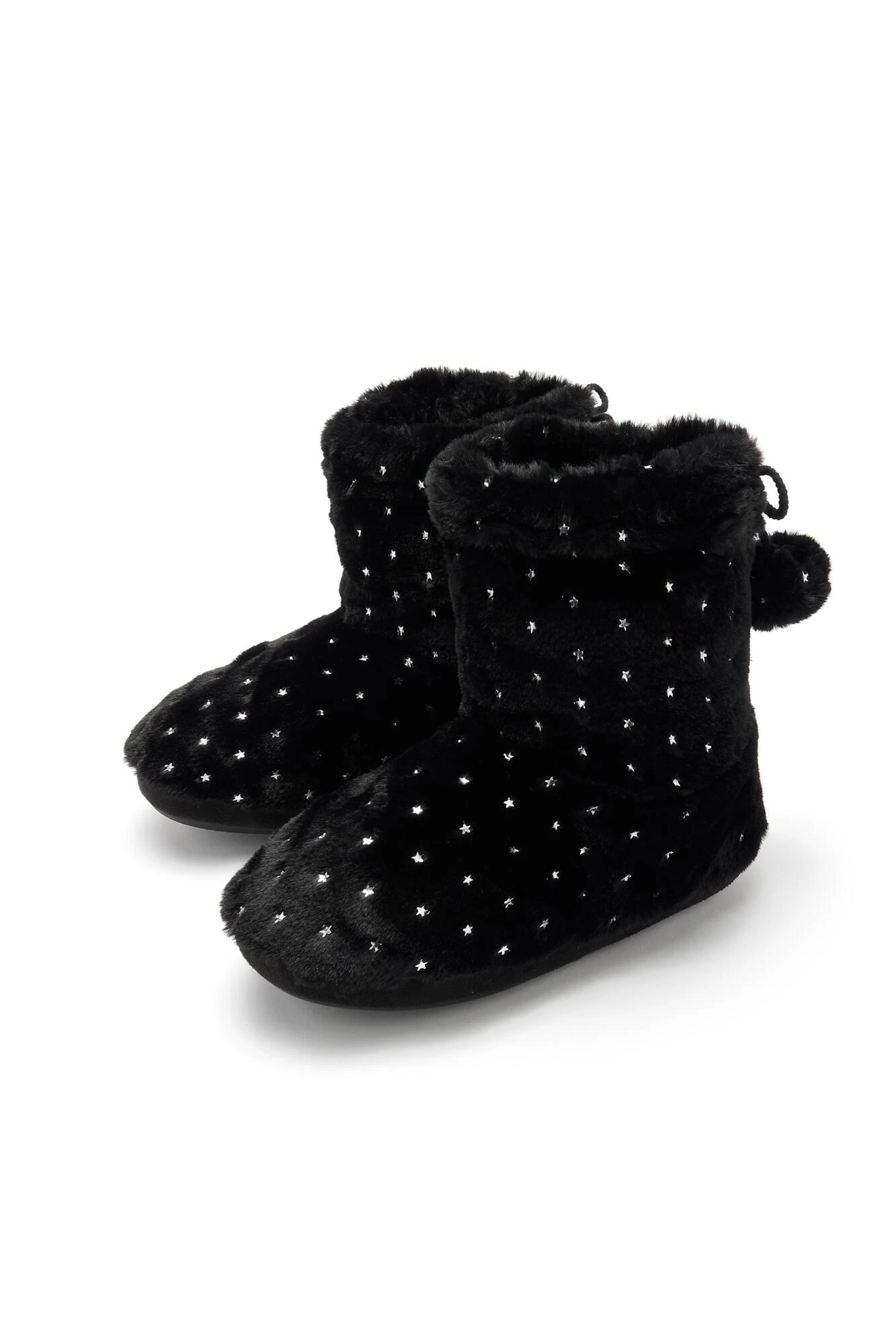 Pour Moi Metallic Star Print Fluffy Bootie Slipper - Black 2 Pour Moi Metallic Star Print Fluffy Bootie Slipper - Black - Image 2
