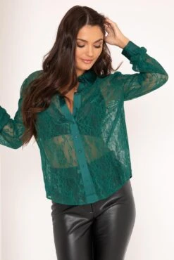 Pour Moi Clara Lace Button Front Long Sleeve Shirt - Forest -Cheap Clozi Vibe Store 297199 20221028132900