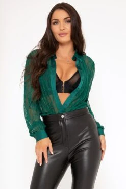 Pour Moi Clara Lace Button Front Long Sleeve Shirt - Forest -Cheap Clozi Vibe Store 297200 20221028132900