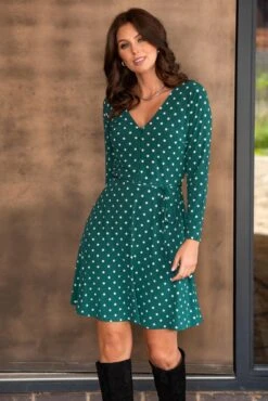 Pour Moi Bella Slinky Jersey Long Sleeve Tea Dress - Forest/White