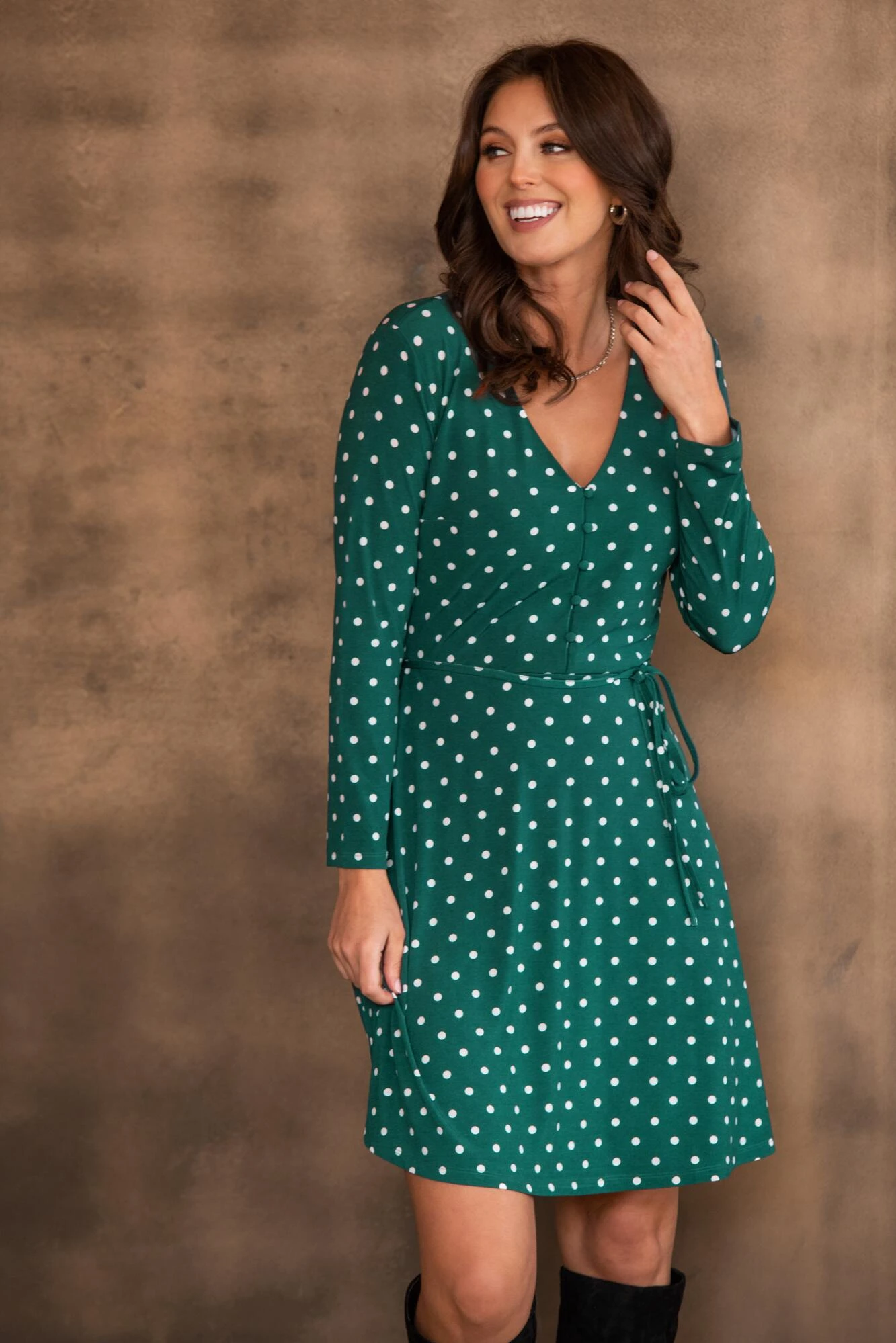 Pour Moi Bella Slinky Jersey Long Sleeve Tea Dress - Forest/White 4 Pour Moi Bella Slinky Jersey Long Sleeve Tea Dress - Forest/White - Image 4