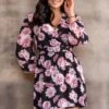 Pour Moi Natalya Chiffon Puff Sleeve Dress - Black Floral