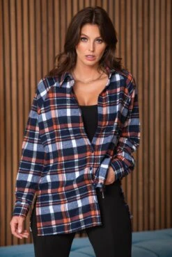 Pour Moi Remi Woven Check Boyfriend Shirt - Navy/Orange