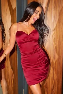 Pour Moi Elena Stretch Satin Bodycon Mini Dress - Deep Red