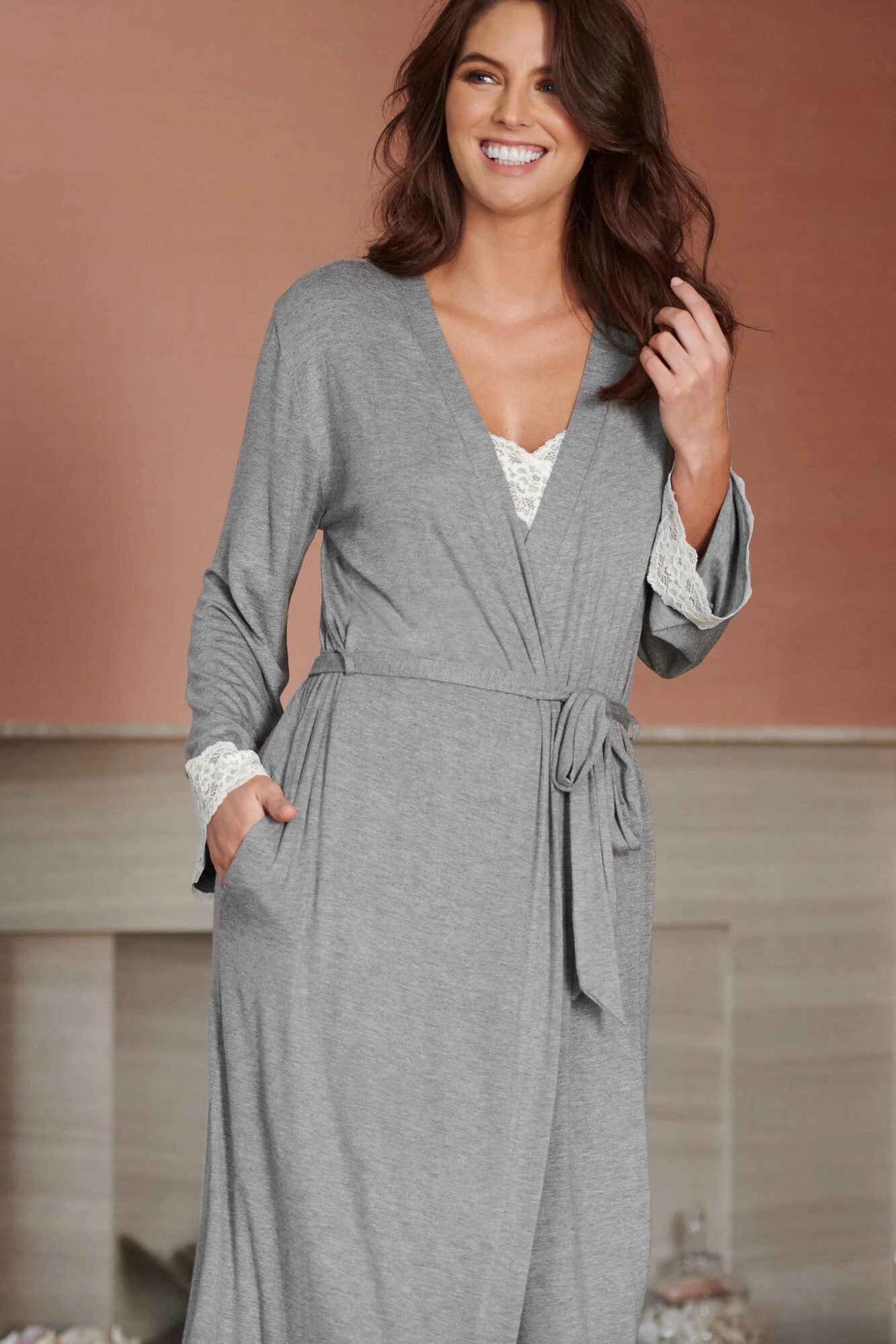 Pour Moi Sofa Loves Lace Longline Soft Jersey Gown - Dove Grey/Ivory 3 Pour Moi Sofa Loves Lace Longline Soft Jersey Gown - Dove Grey/Ivory - Image 3