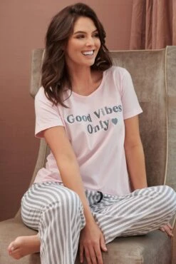 Pour Moi Good Vibes Cotton Jersey Pyjama Set - Pink/Black
