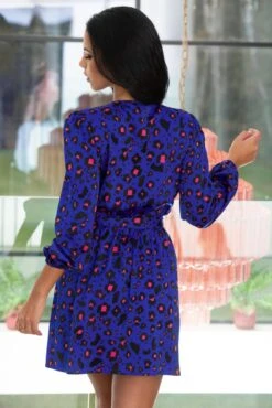 Pour Moi Millie Faux Wrap Woven Satin Dress - Cobalt Leopard -Cheap Clozi Vibe Store 302116 20221208094000