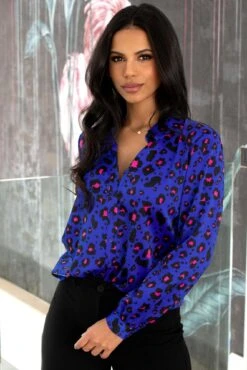 Pour Moi Millie Satin Woven Shirt - Cobalt Leopard